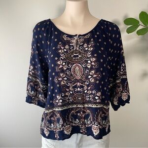 Angie Boho Blouse Dark Blue Bohemian Flowy Hippie Size Medium